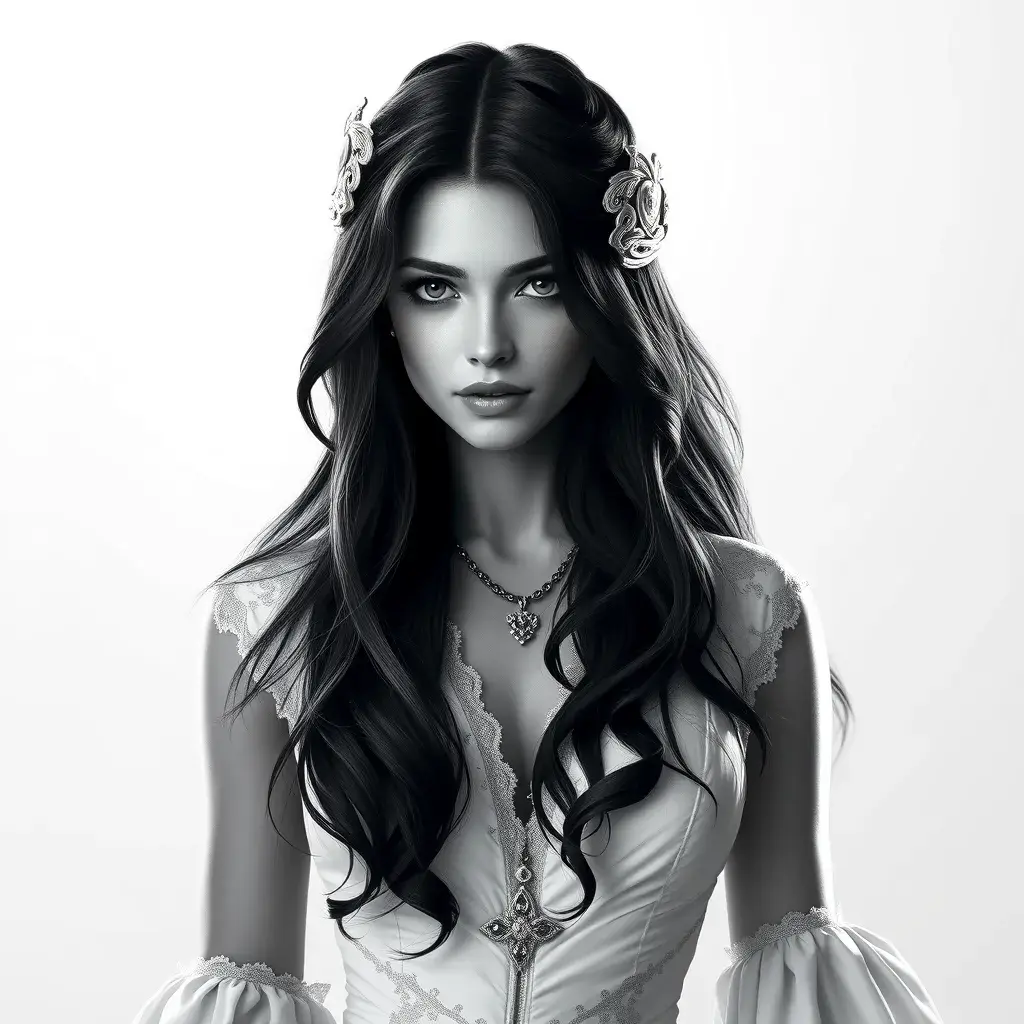 Alluring black and white matte portrait of a beautiful Yennefer with a white background in a white dress, 8k, Highly Detailed, Intricate, Half Body, Realistic, Sharp Focus, Volumetric Lighting, Fantasy, Elegant by Stanley Artgerm Lau