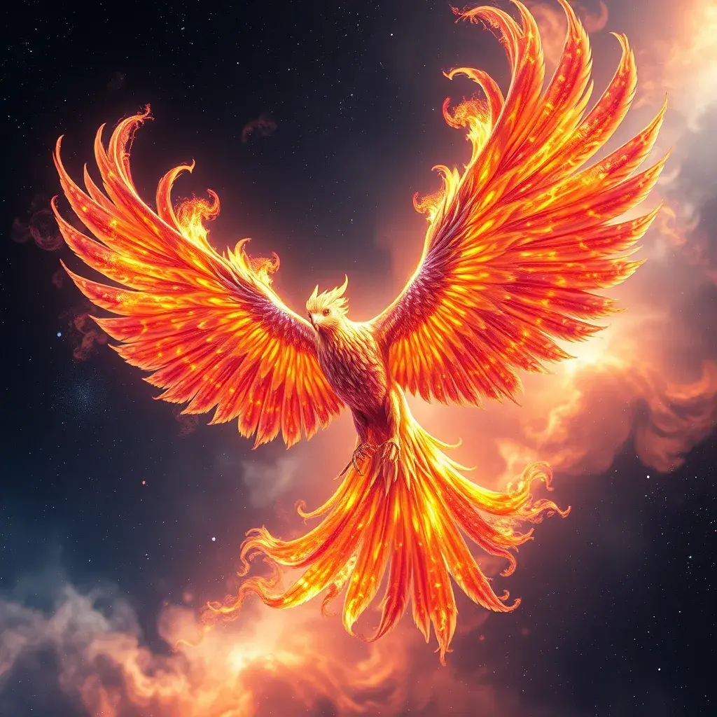 The Nebula Phoenix is a cosmic bird with wings that resemble swirling galaxies. Witness the physics of space and time as it flaps through the digital cosmos, Unreal Engine, Volumetric Lighting, Vibrant Colors