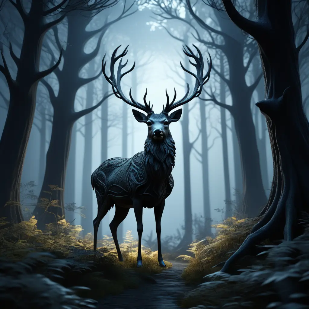 Deer in a haunted forest, Highly Detailed, Intricate, Gothic, Volumetric Lighting, Fantasy, Dark