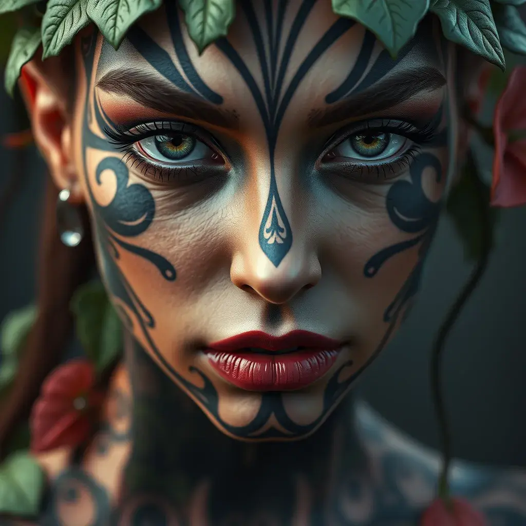 Closeup matte portrait of a tattooed Poison Ivy, symmetrical face, 8k, Highly Detailed, Intricate, Artstation, Matte Painting, Sharp Focus, Concept Art by Stanley Artgerm Lau, Greg Rutkowski