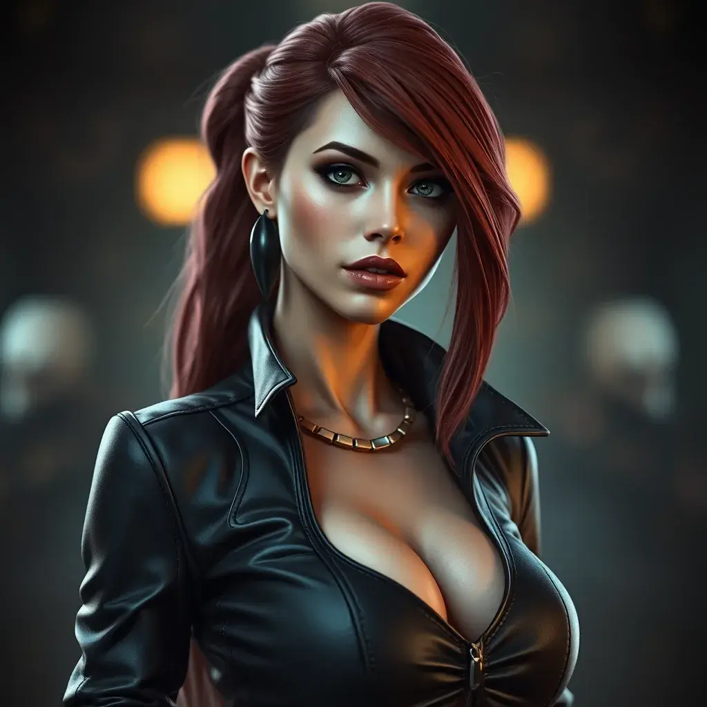 Alluring matte portrait of a beautiful Katarina from League of Legends in leather, Highly Detailed, Full Body, Bokeh effect, Photo Realistic, Sharp Focus by Stefan Kostic