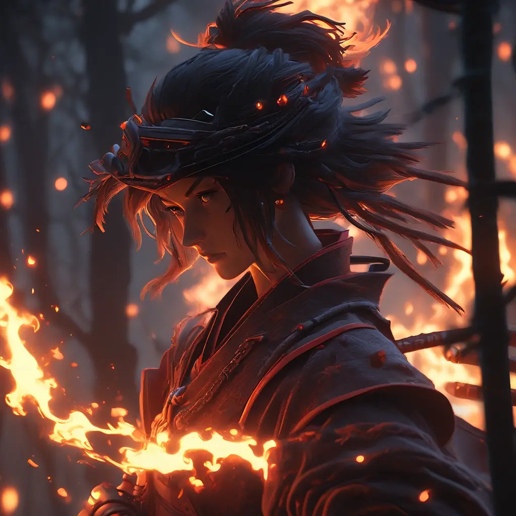 Silhouette of a samurai female assassin in the style of Fire watch, 8k, Dystopian, Trending on Artstation, Volumetric Lighting