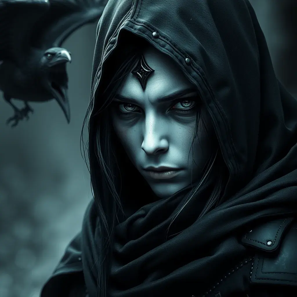 Intricate portrait of a horrifying pale assassin dusk elf, black hair, black eyes, fully covering black hooded armor, ravens, 8k, Gothic and Fantasy, Beautiful, Sci-Fi, Photo Realistic