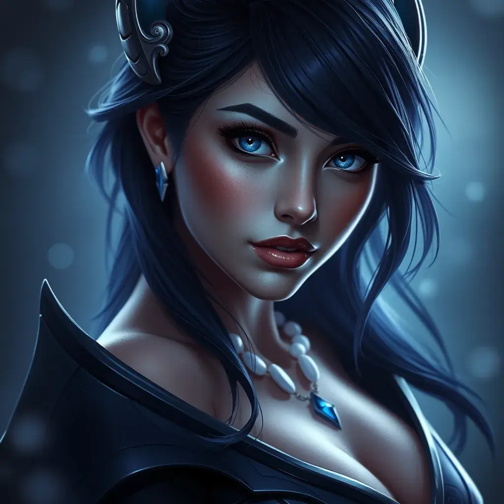 Alluring portrait of a beautiful Irelia from League of Legends in Dark Blue, Highly Detailed, Half Body, Bokeh effect, Photo Realistic by Stefan Kostic