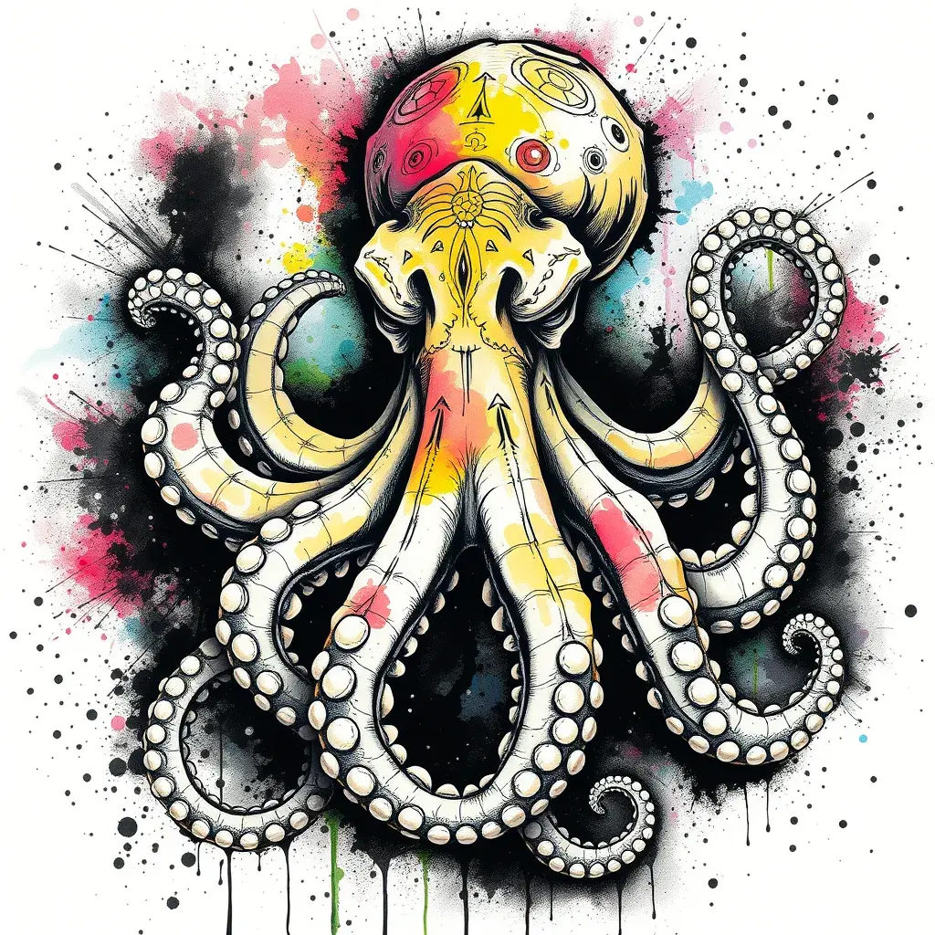 Octopus, Highly Detailed, Intricate, Color Splash, Ink Art, Fantasy, Dark