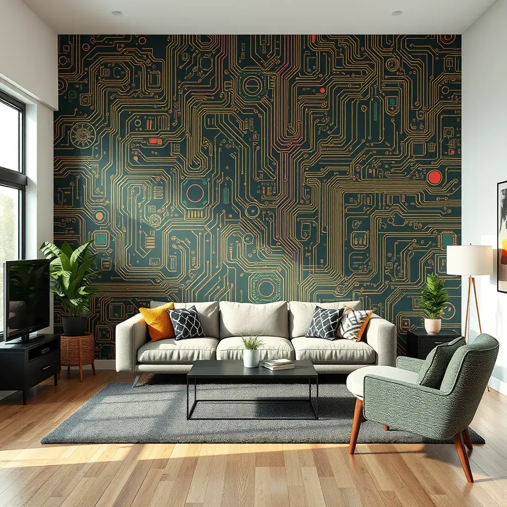 Imagine a modern and technology-inspired living room with a unique twist. The centerpiece of the room is a striking circuit board interior wallpaper that covers one wall. The wallpaper features intricate circuit board diagrams, electronic symbols, and vibrant metallic tones, Vintage Illustration, Retro-Futurism, Sci-Fi by Stefan Kostic