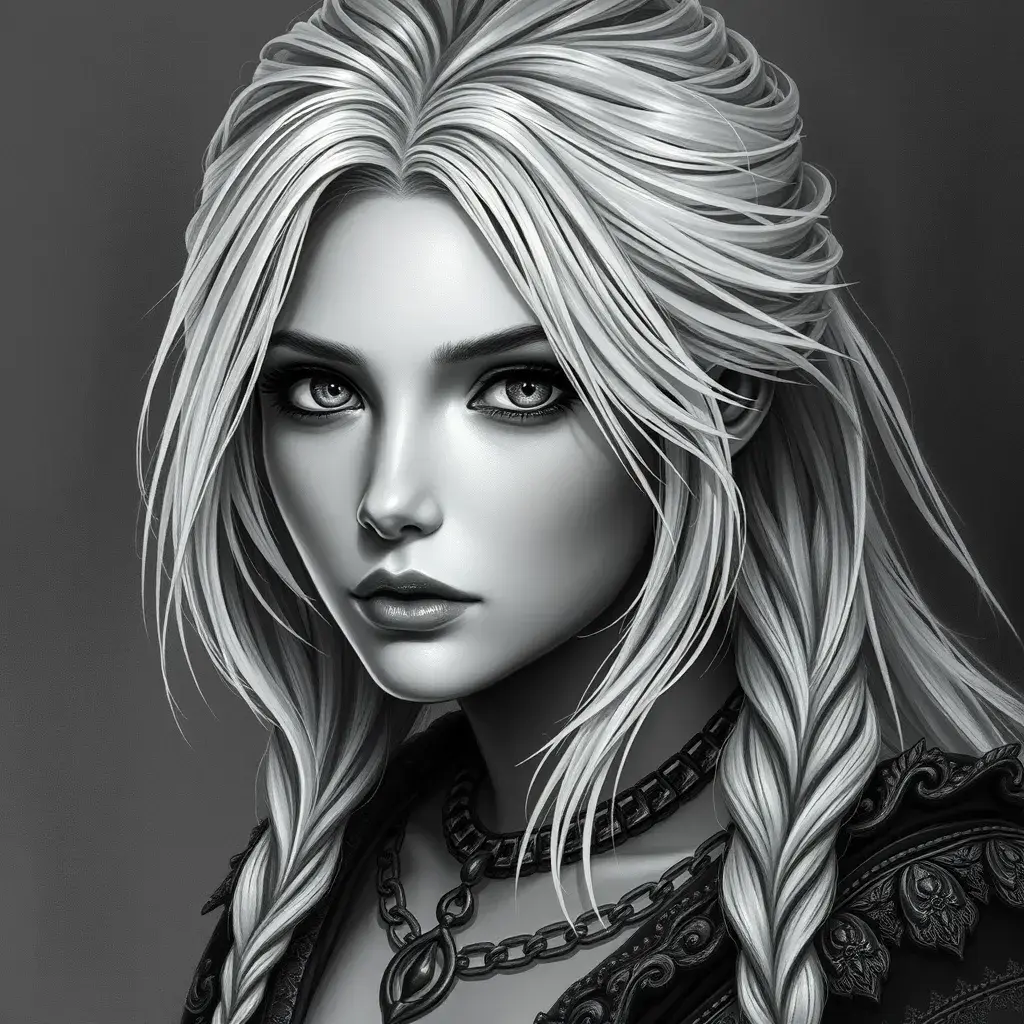 Black & White portrait of Ciri, Highly Detailed, Intricate, Artstation, Beautiful, Digital Painting, Sharp Focus, Concept Art, Elegant