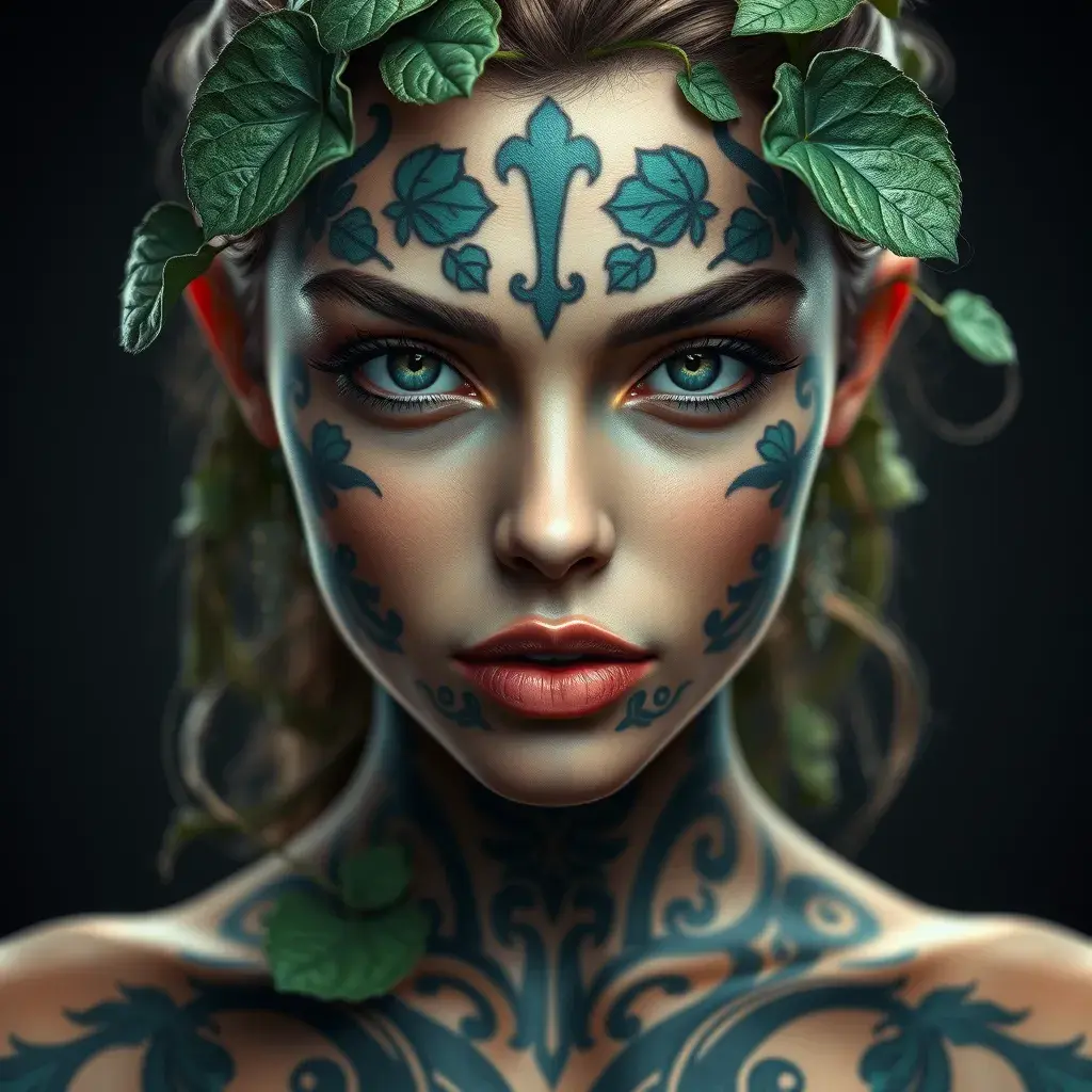 Matte portrait of a tattooed Poison Ivy, symmetrical face, 8k, Highly Detailed, Intricate, Artstation, Sharp Focus, Volumetric Lighting, Concept Art by Stanley Artgerm Lau, Greg Rutkowski