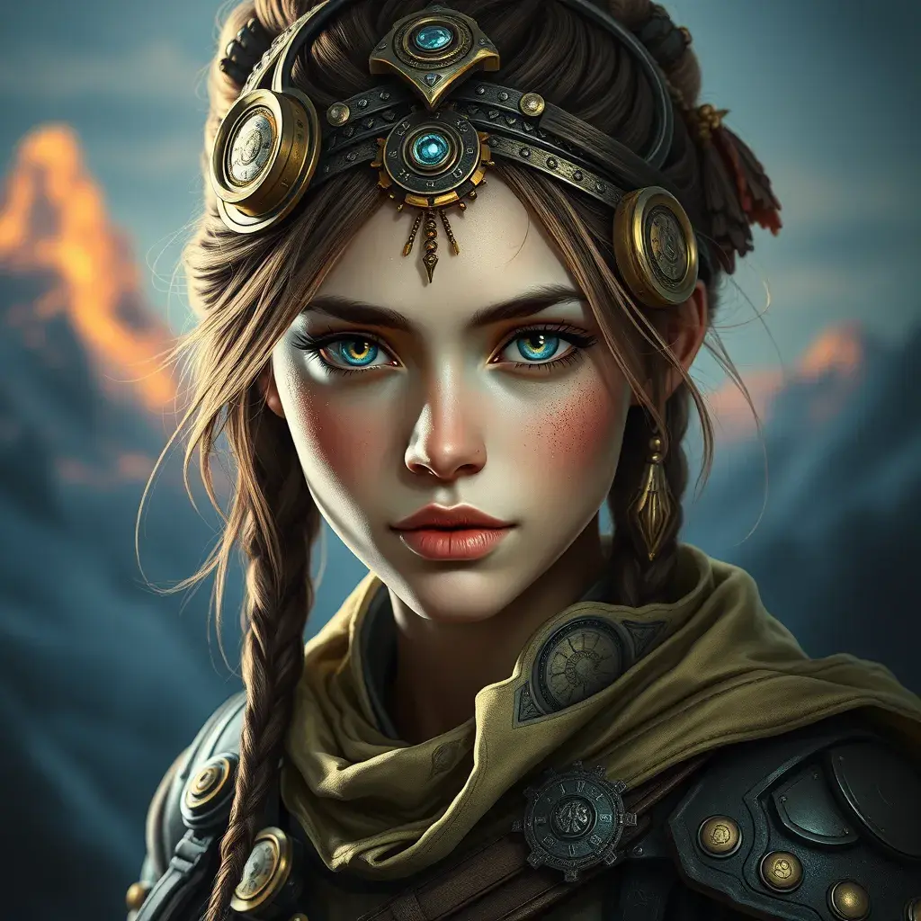 Steampunk portrait of Aloy from Horizon Zero Dawn, Highly Detailed, Intricate, Artstation, Beautiful, Digital Painting, Sharp Focus, Concept Art, Elegant