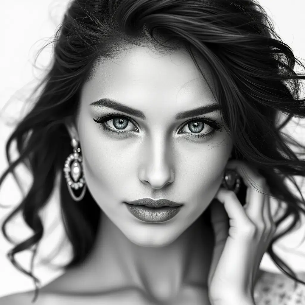 Alluring black and white portrait of a beautiful Nina Dobrev with a white background, 8k, Highly Detailed, Intricate, Half Body, Realistic, Sharp Focus, Volumetric Lighting, Fantasy, Elegant by Stanley Artgerm Lau