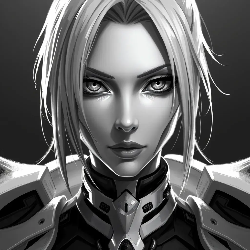 Black & White portrait of A2 from Nier Automata, Highly Detailed, Intricate, Artstation, Beautiful, Digital Painting, Sharp Focus, Concept Art, Elegant