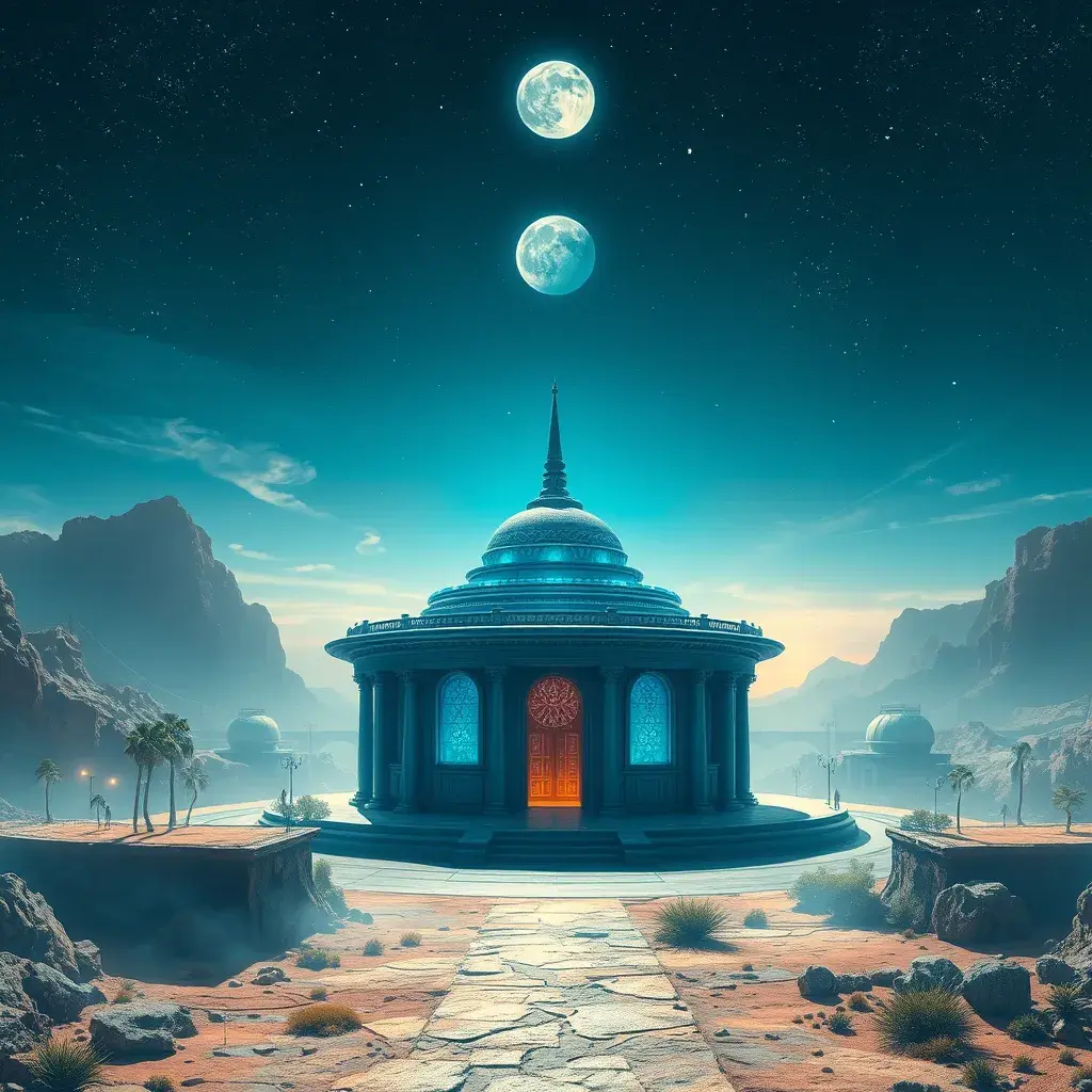 Cosmic round beautiful indigo temple in the center of a futuristic community. Extraterrestrial landscape. Planet sirius. The moon and stars can be seen in the sky even during the day., Sci-Fi, Volumetric Lighting, Vibrant Colors by Greg Rutkowski