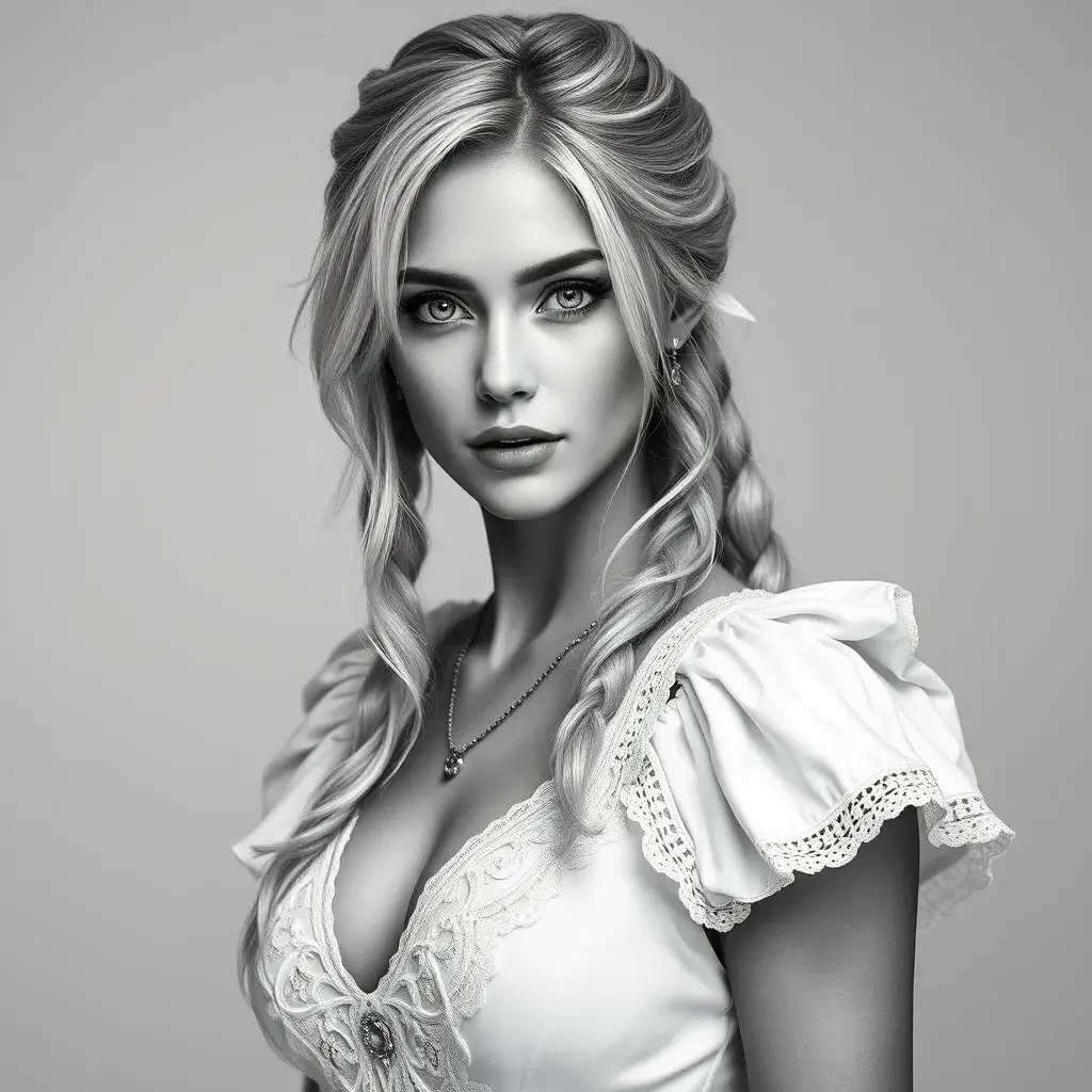 Alluring black and white matte portrait of a beautiful Ciri with a white background in a white dress, 8k, Highly Detailed, Intricate, Half Body, Realistic, Sharp Focus, Volumetric Lighting, Fantasy, Elegant by Stanley Artgerm Lau