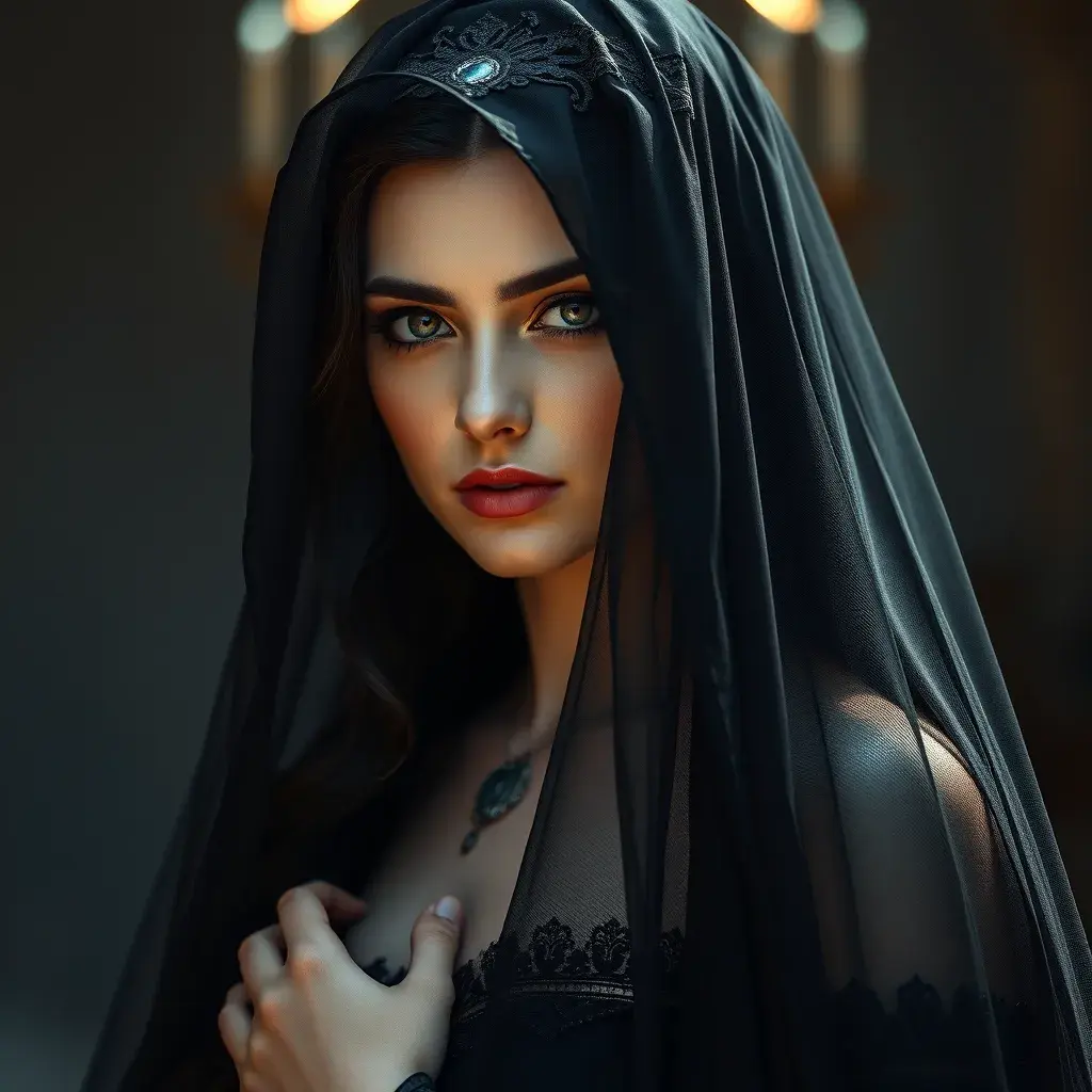 An alluring beautiful veiled Yennefer wearing a black veil, Intricate, Half Body, Volumetric Lighting, Elegant