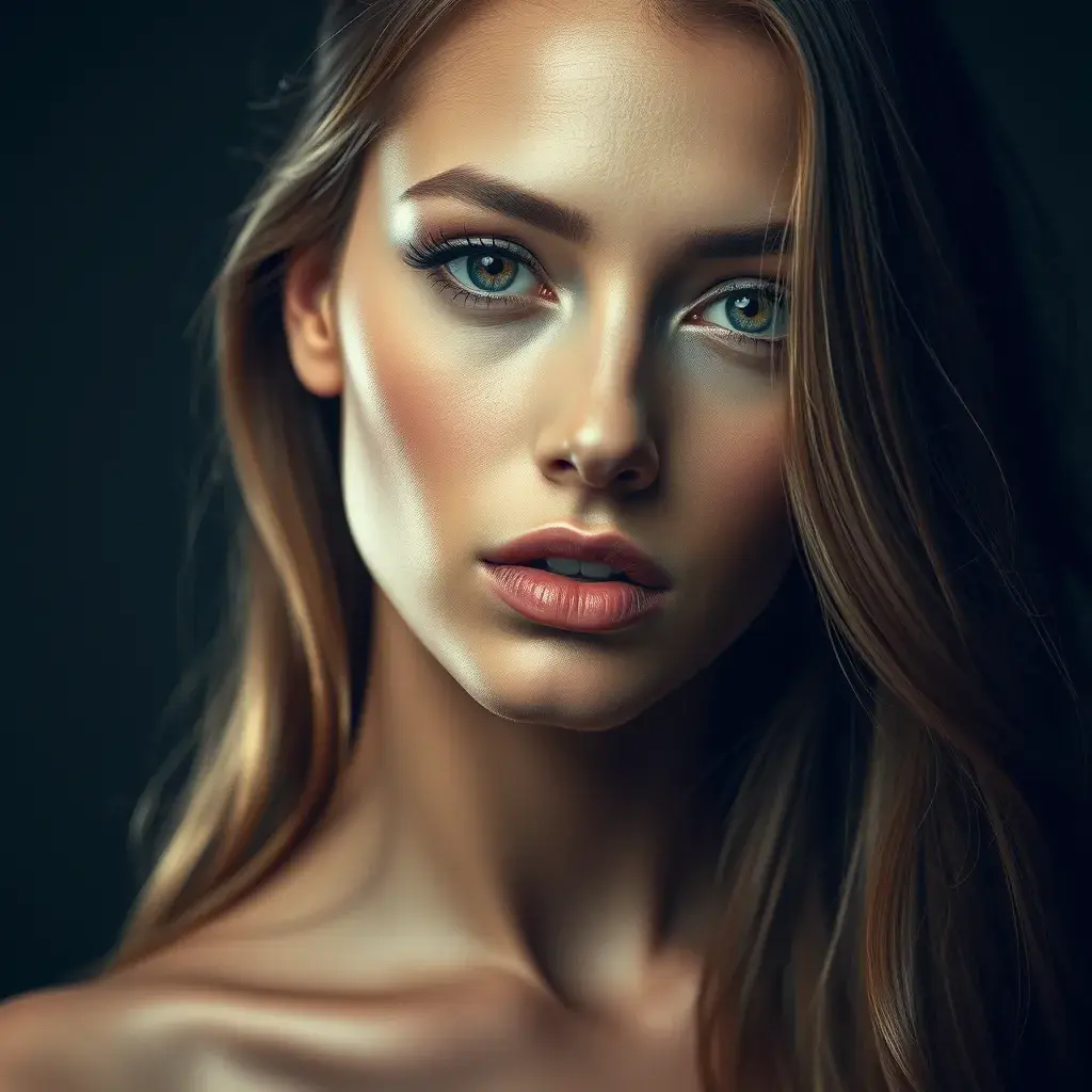 Alluring half body portrait of a stunningly beautiful model with a perfect face, Half Body, Photo Realistic, Glamour Shot