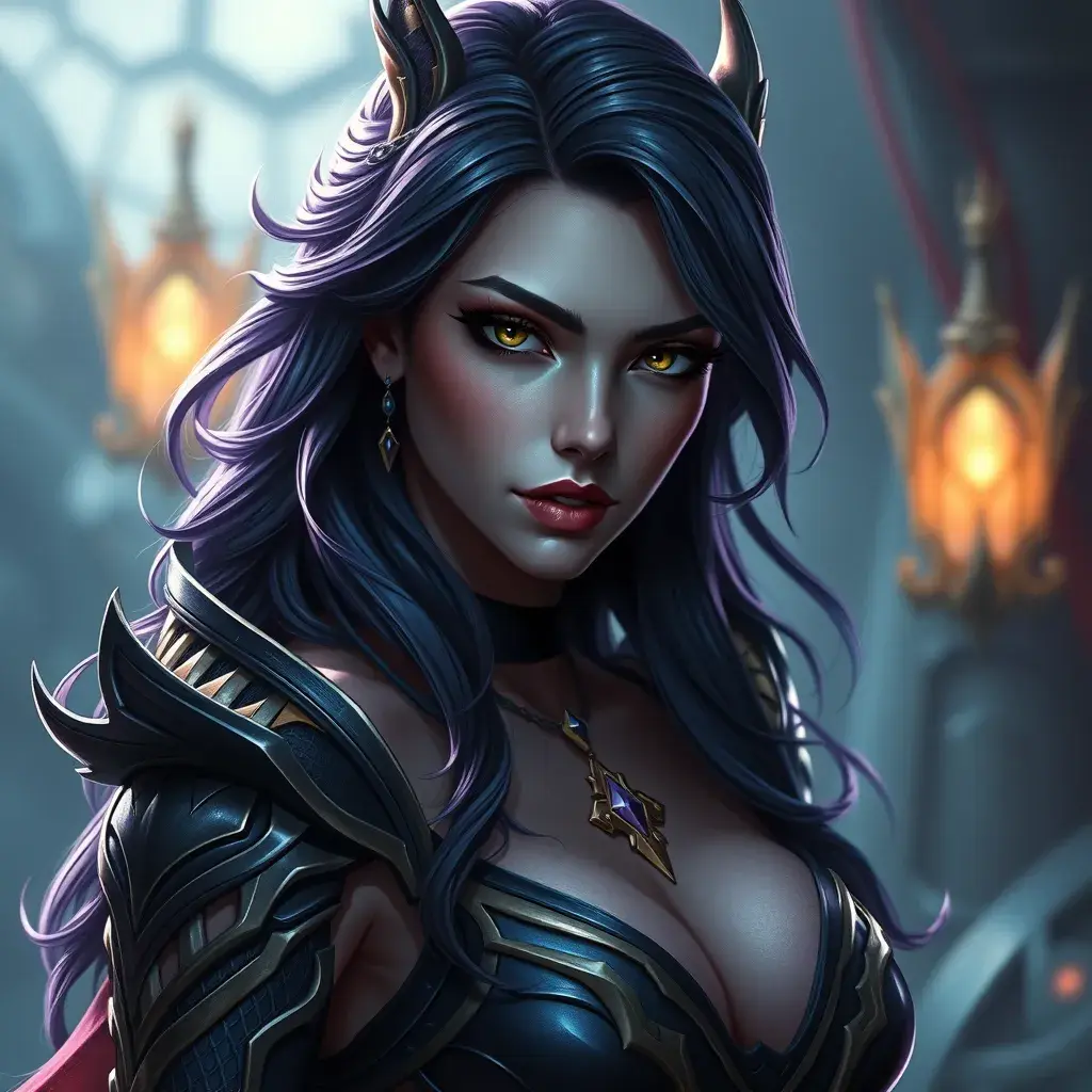 Alluring matte portrait of a beautiful Morgana from League of Legends in the style of Stefan Kostic, 8k, High Definition, Highly Detailed, Intricate, Half Body, Realistic, Sharp Focus, Fantasy, Elegant