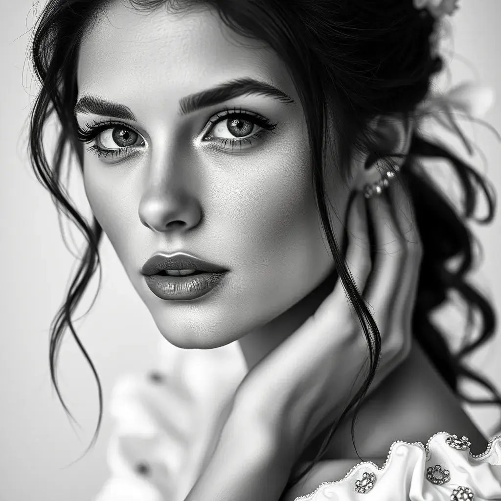 Alluring black and white portrait of a beautiful Nina Dobrev with a white background, 8k, Highly Detailed, Intricate, Half Body, Realistic, Sharp Focus, Volumetric Lighting, Fantasy, Elegant by Stanley Artgerm Lau