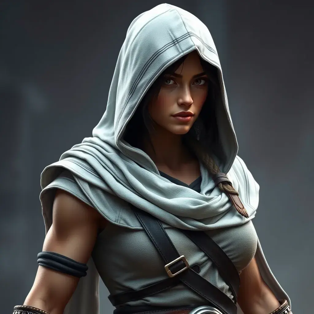 An athletic Kassandra wearing a white hood in full Assassin's Creed style, Highly Detailed, Half Body, Sharp Focus, Volumetric Lighting