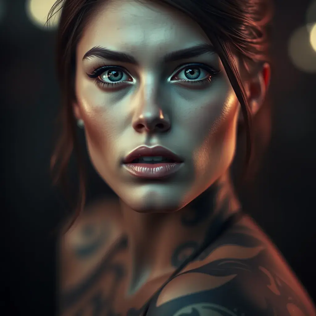 Matte portrait of a beautiful Alexandra Daddario with tattoos, 8k, Highly Detailed, Alluring, Artstation, Bokeh effect, Sharp Focus, Volumetric Lighting, Concept Art by Stanley Artgerm Lau, Greg Rutkowski