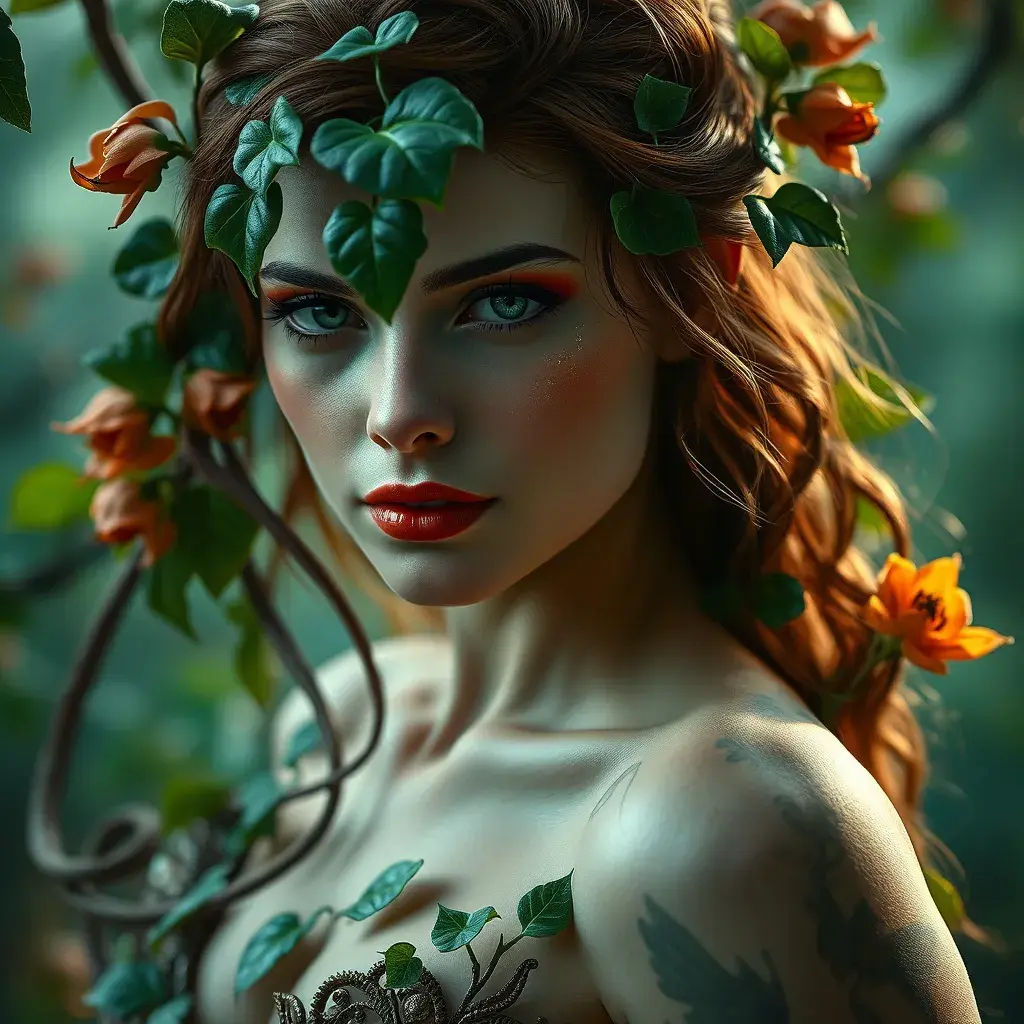 Alluring matte portrait of Poison Ivy in the style of Stefan Kostic, 8k, Highly Detailed, Intricate, Half Body, Matte Painting, Realistic, Sharp Focus, Fantasy by Greg Rutkowski