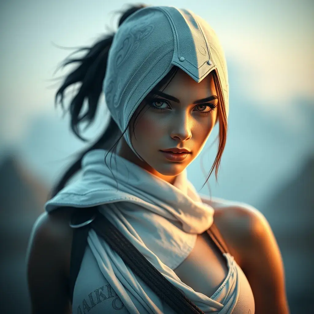 Matte portrait of a beautiful Lara Croft in white Assassin's Creed style, 8k, Highly Detailed, Intricate, Realistic, Sharp Focus, Volumetric Lighting, Fantasy, Elegant by Stanley Artgerm Lau, WLOP, Stefan Kostic