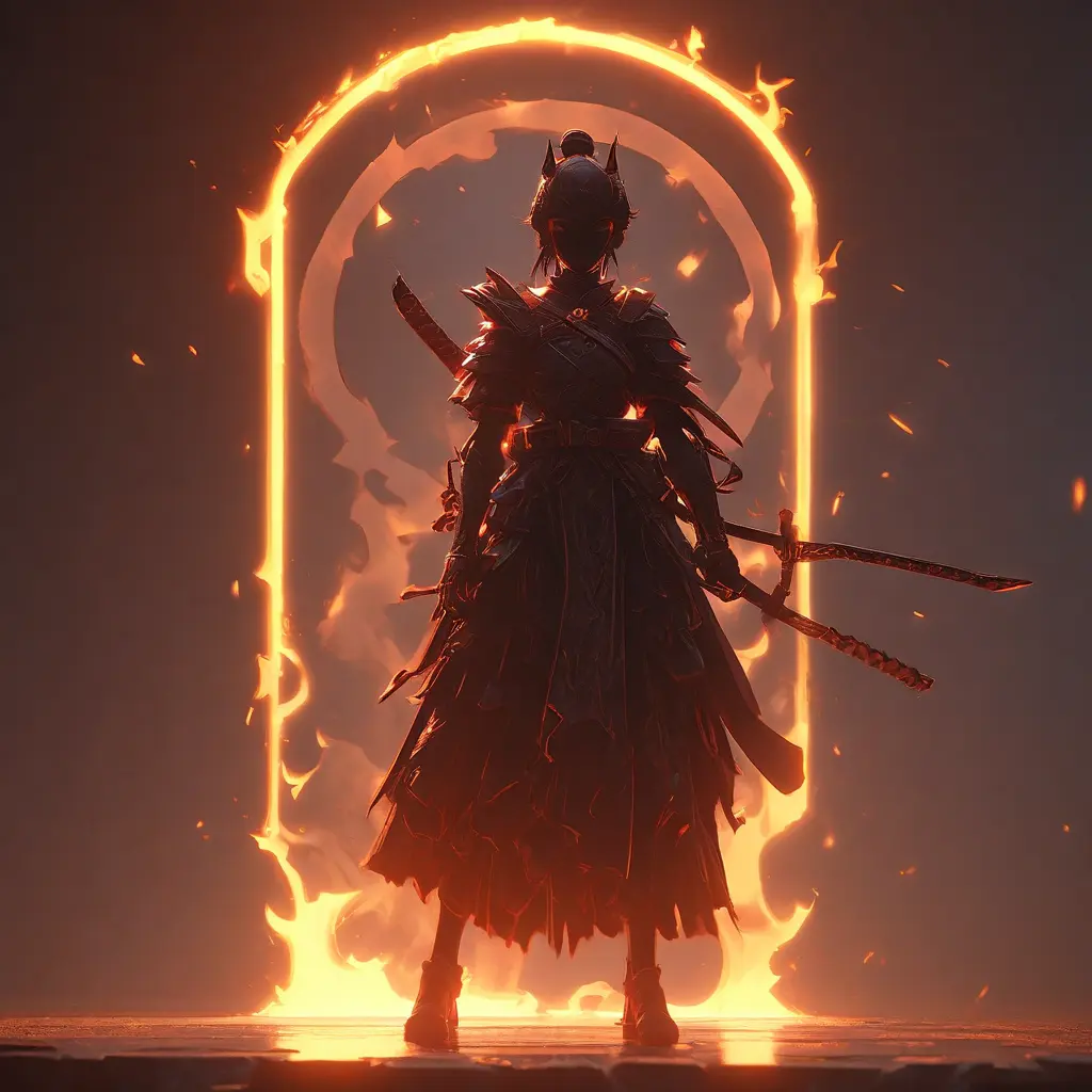 Silhouette of a samurai female assassin in the style of Fire watch, 8k, Dystopian, Trending on Artstation, Volumetric Lighting