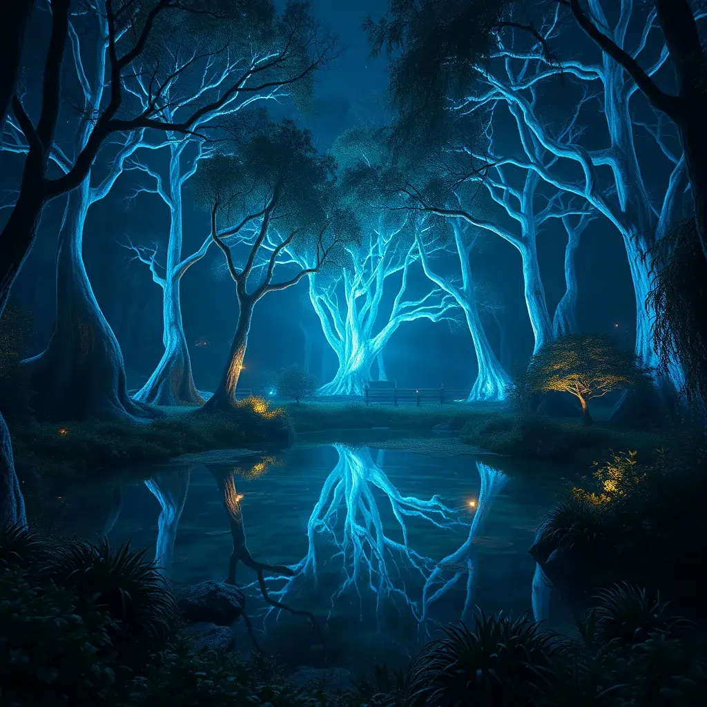 A magical pond in a fantasy forest with glowing blue trees at night, 4k, HQ, Intricate, Artstation, Cinematic Lighting, Photo Realistic, Sharp Focus, Unreal Engine, Dark