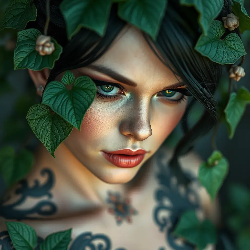 Closeup matte portrait of a tattooed Poison Ivy, 8k, Highly Detailed, Intricate, Artstation, Matte Painting, Sharp Focus, Concept Art by Stanley Artgerm Lau, Greg Rutkowski