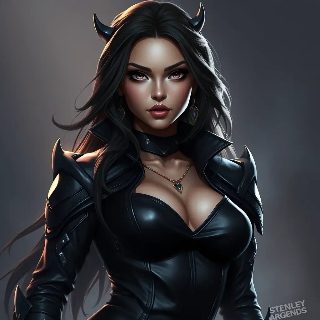 Alluring matte portrait of a beautiful Sona from League of Legends in black leather, Half Body, Realistic, Volumetric Lighting, Fantasy by Stanley Artgerm Lau