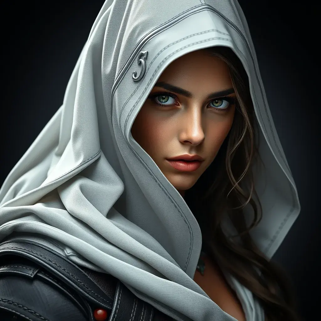 Alluring matte portrait of a beautiful Kassandra in white Assassin's Creed style, 8k, Highly Detailed, Intricate, Half Body, Realistic, Sharp Focus, Volumetric Lighting, Fantasy, Elegant