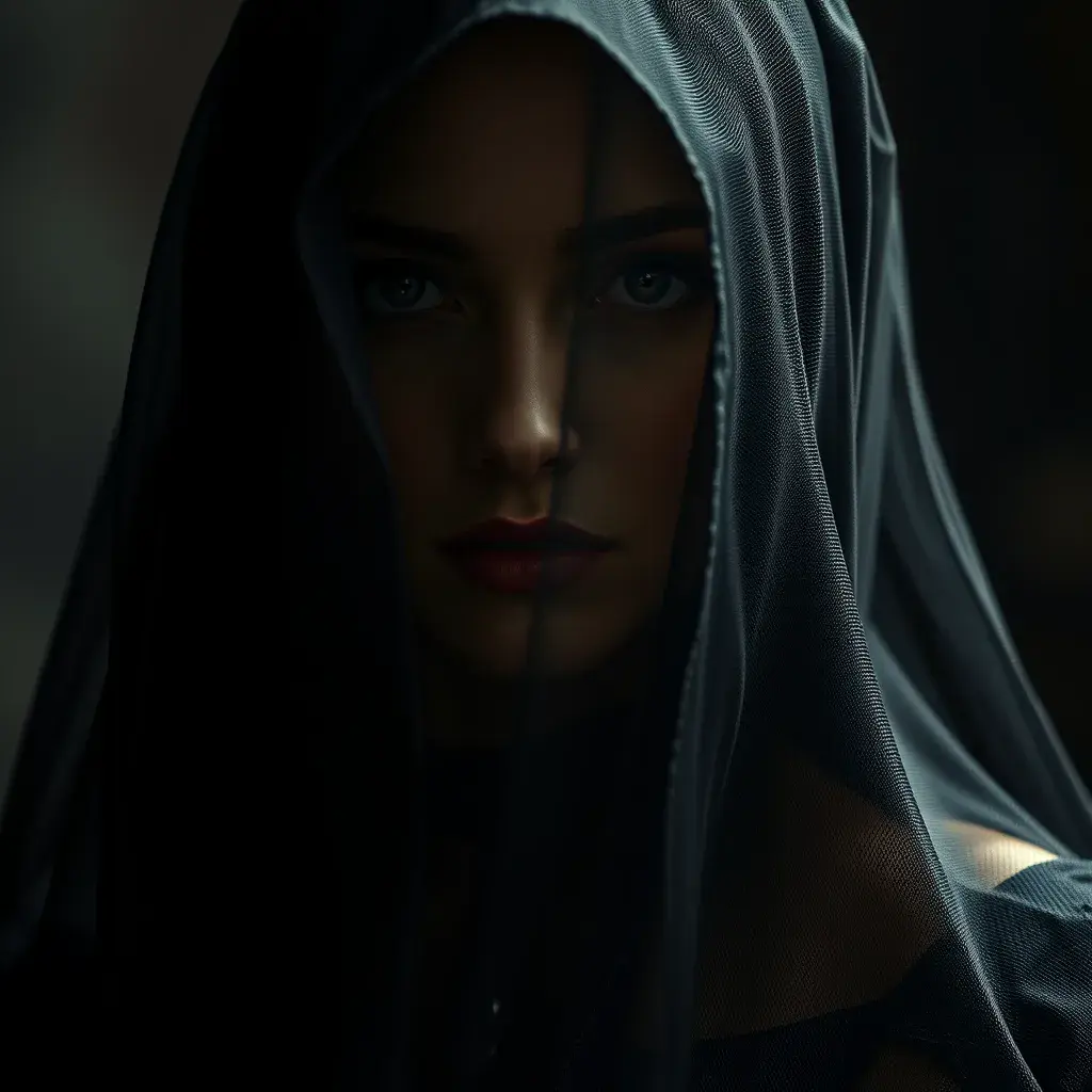 An alluring beautiful veiled Yennefer wearing a black veil, Intricate, Half Body, Volumetric Lighting, Elegant