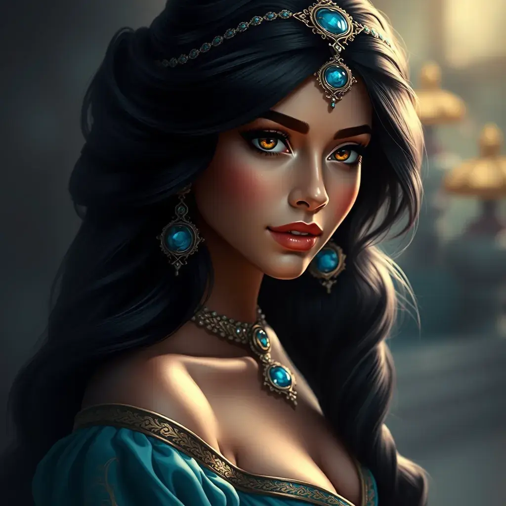 Alluring matte portrait of Princess Jasmine, 4k, 4k resolution, 8k, HD, High Definition, High Resolution, Highly Detailed, HQ, Hyper Detailed, Intricate Artwork, Ultra Detailed, Digital Painting, Matte Painting, Realistic, Sharp Focus, Dim light, Fantasy by Stanley Artgerm Lau