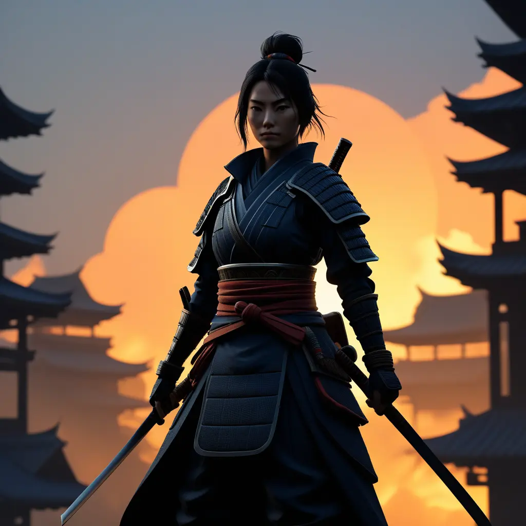 Silhouette of a samurai female assassin in the style of Fire watch, 8k, Dystopian, Trending on Artstation, Volumetric Lighting