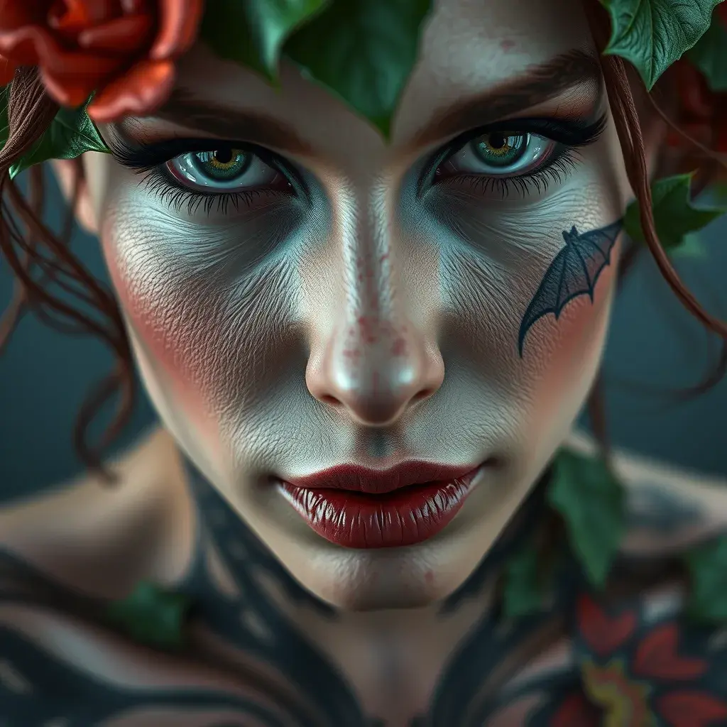 Closeup matte portrait of a tattooed Poison Ivy, 8k, Highly Detailed, Intricate, Artstation, Matte Painting, Sharp Focus, Concept Art by Stanley Artgerm Lau, Greg Rutkowski