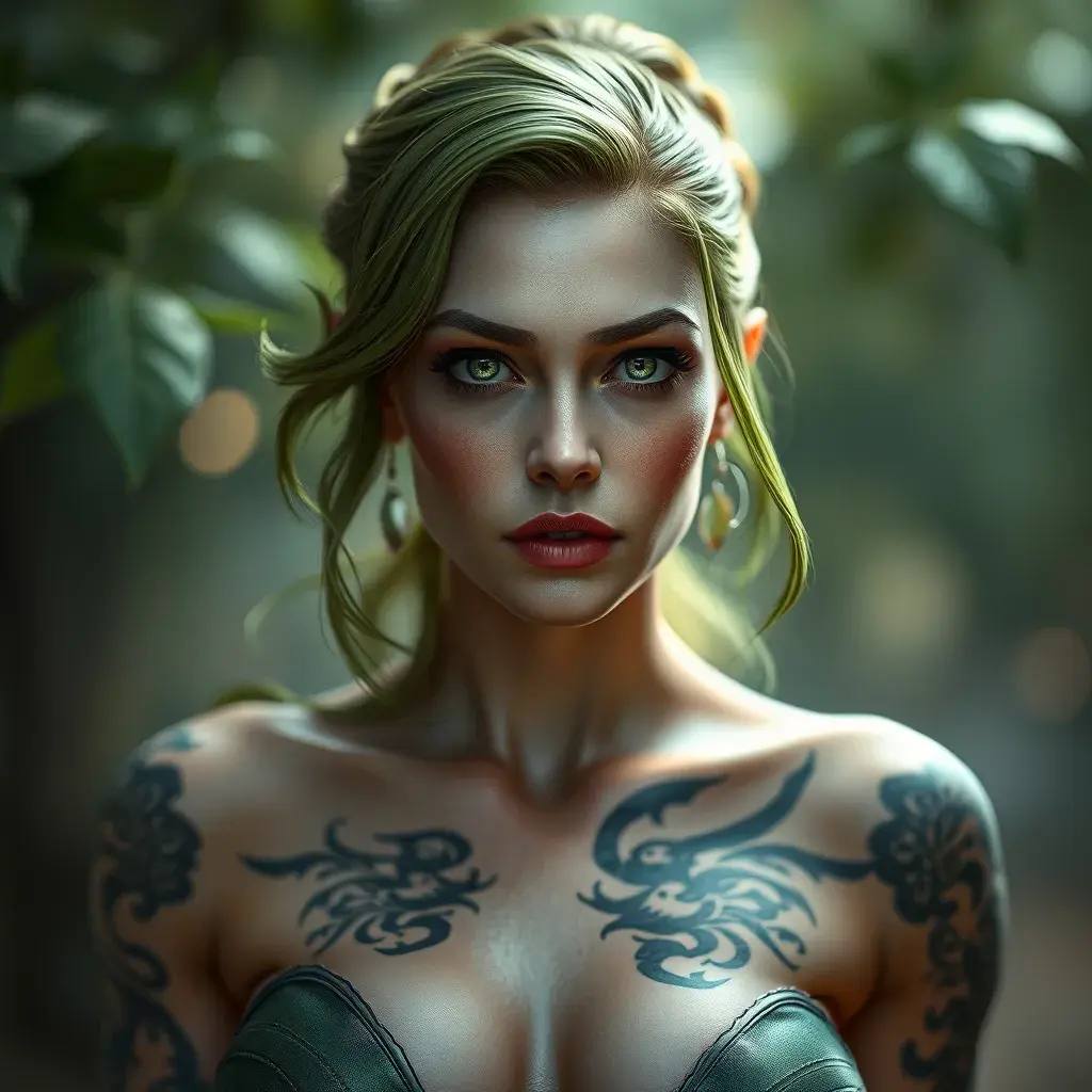 Matte portrait of Poison Ivy with tattoos, 8k, Highly Detailed, Alluring, Artstation, Bokeh effect, Sharp Focus, Volumetric Lighting, Concept Art by Stanley Artgerm Lau, Greg Rutkowski