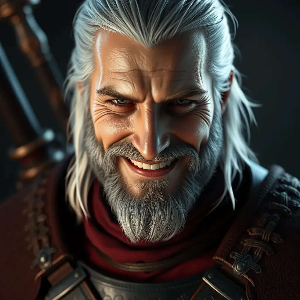 A half body matte portrait of a happy Geralt in The Witcher 3 style armor, 4k, Highly Detailed, Beautiful, Cinematic Lighting, Sharp Focus, Volumetric Lighting, Closeup Portrait, Concept Art by Stefan Kostic