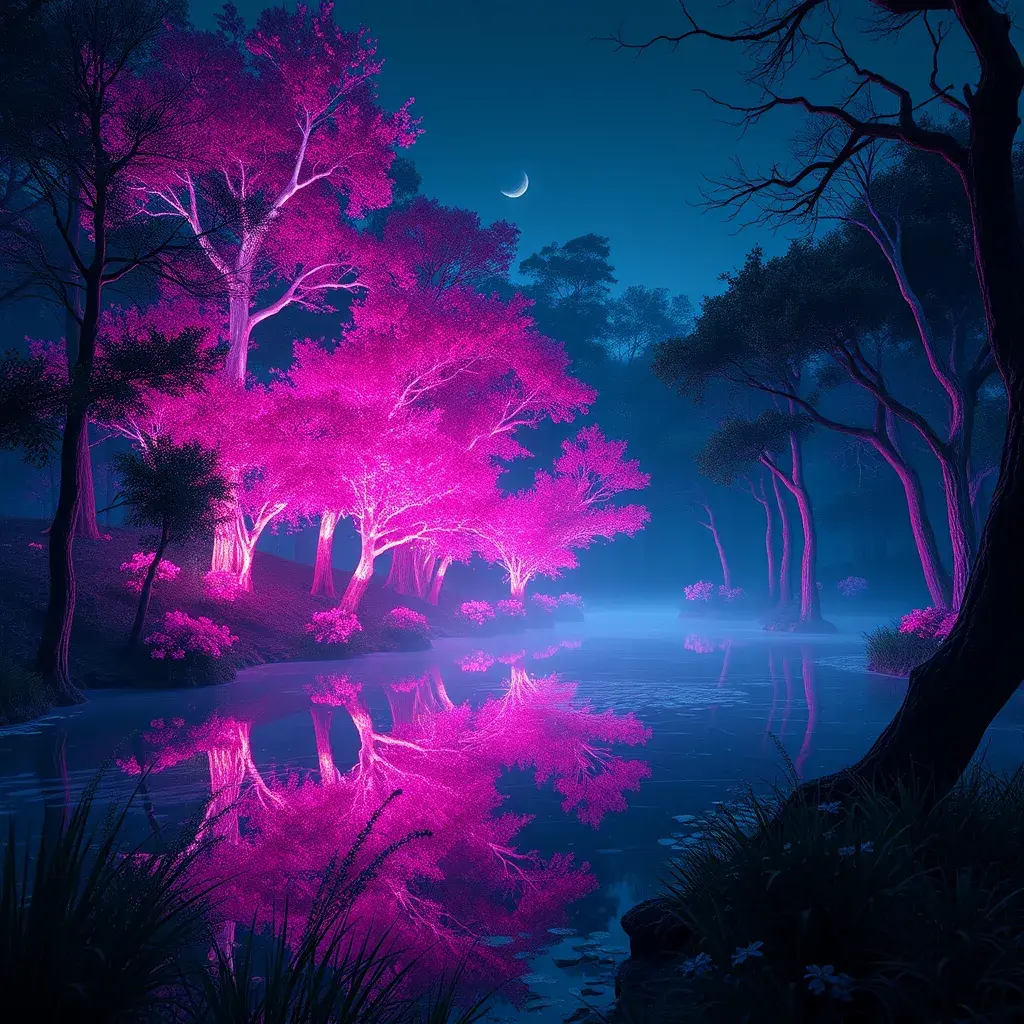 A magical pond in a fantasy forest with glowing pink trees at night, 4k, HQ, Intricate, Masterpiece, Artstation, Cinematic Lighting, Photo Realistic, Sharp Focus, Unreal Engine, Dark