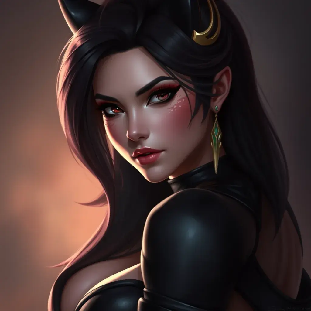 Alluring matte portrait of a beautiful Sona from League of Legends in black leather, Half Body, Realistic, Volumetric Lighting, Fantasy by Stanley Artgerm Lau