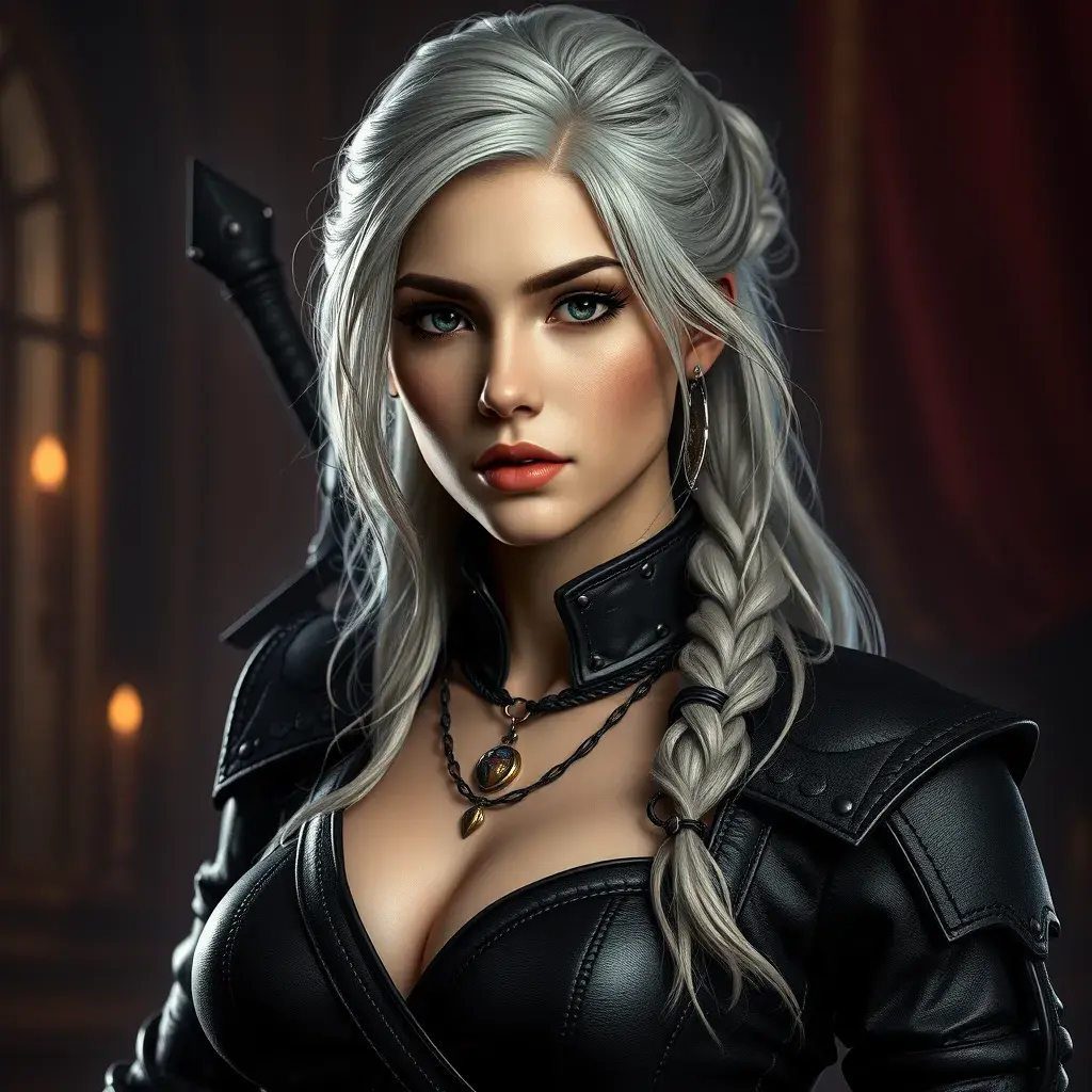 Alluring matte full body portrait of a beautiful Ciri from the Witcher 3 wearing black leather, 8k, Highly Detailed, Intricate, Realistic, Sharp Focus, Volumetric Lighting, Fantasy, Elegant by Stanley Artgerm Lau, WLOP