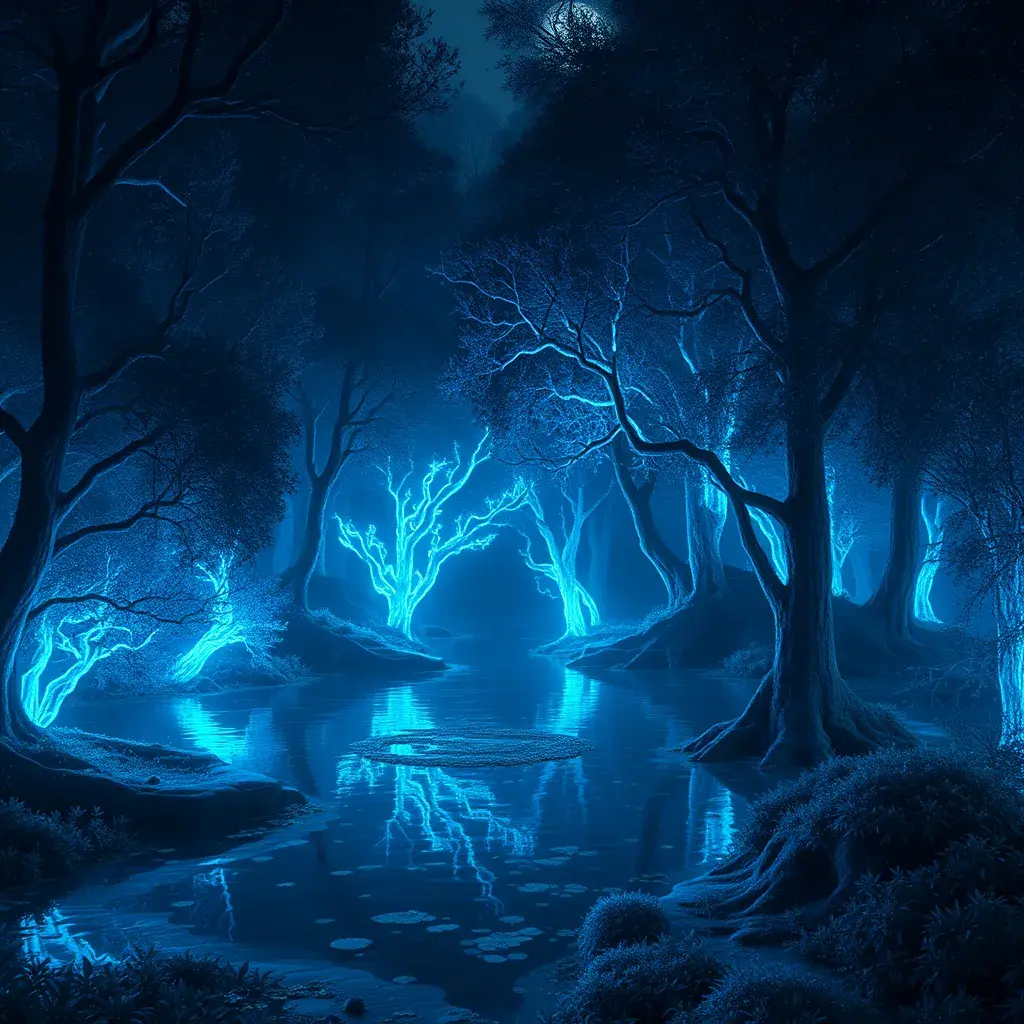 A magical pond in a fantasy forest with glowing blue trees at night, 4k, HQ, Intricate, Artstation, Cinematic Lighting, Photo Realistic, Sharp Focus, Unreal Engine, Dark