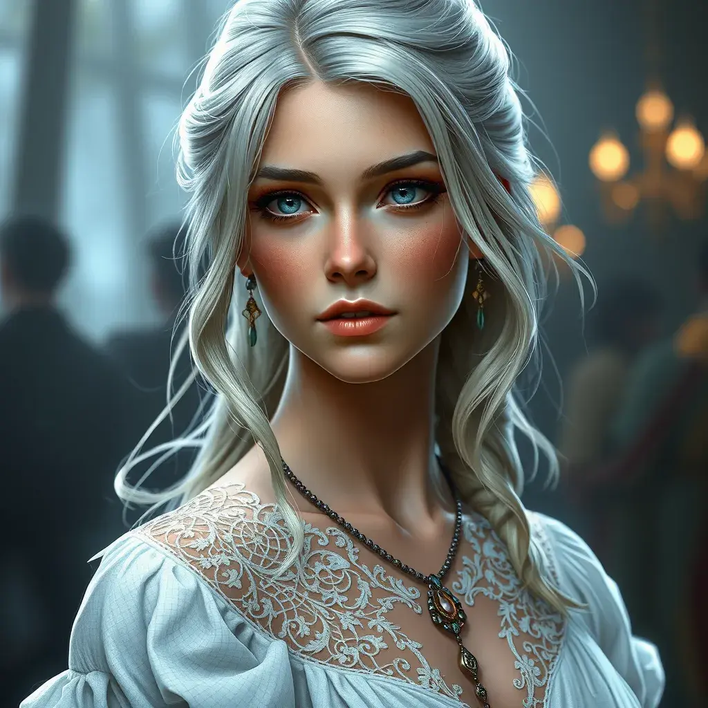 Closeup of Ciri from the Witcher 3 in a white dress, Highly Detailed, Intricate, Artstation, Beautiful, Digital Painting, Sharp Focus, Concept Art, Elegant by Stanley Artgerm Lau, Alphonse Mucha, Greg Rutkowski