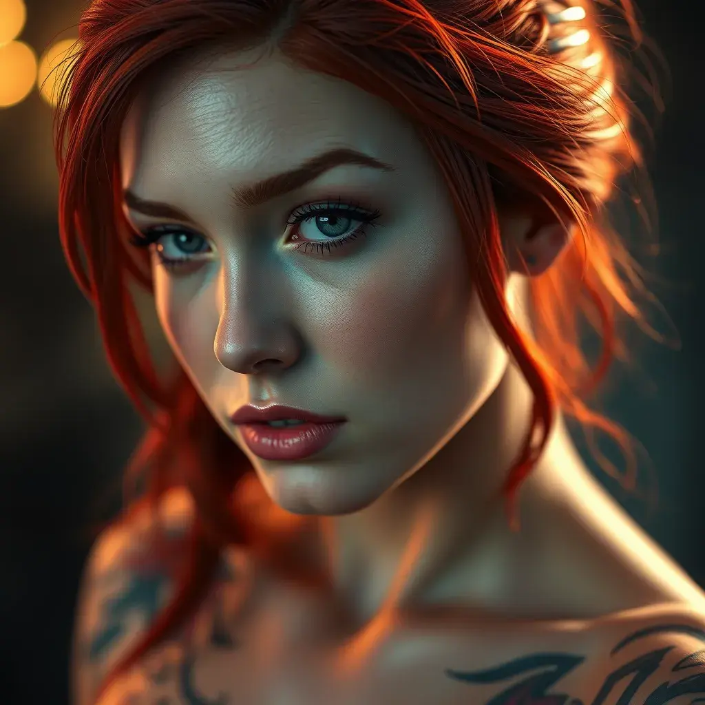 Close up of a red haired Sarah Kerrigan with tattoos, 8k, Highly Detailed, Artstation, Bokeh effect, Sharp Focus, Volumetric Lighting, Concept Art by Stanley Artgerm Lau, Greg Rutkowski