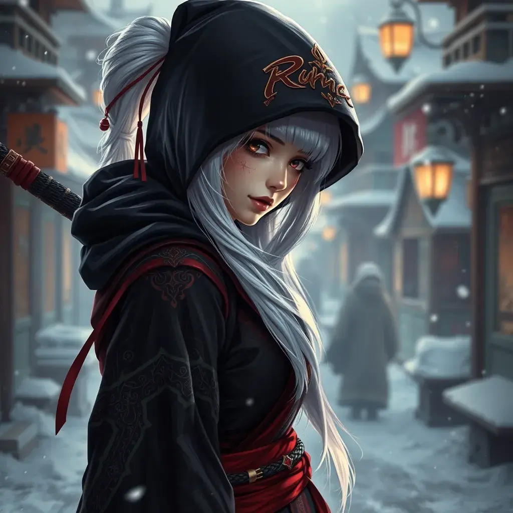 Mysterious beautiful white kunoichi ninja wearing black, red and gold in the streets of a dark snowy town in russia, 8k, Intricate Details, Trending on Artstation, White Hair by Stanley Artgerm Lau, WLOP