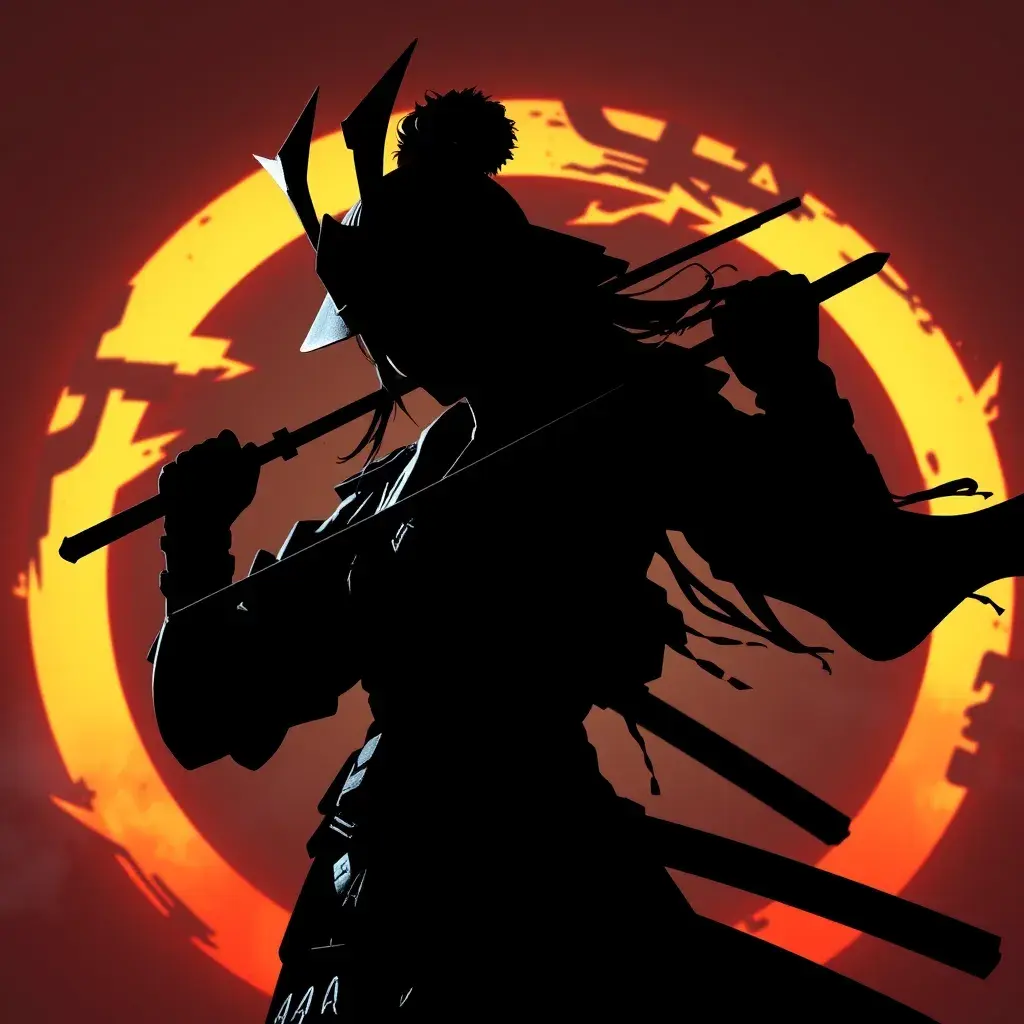 Silhouette of a samurai female assassin in the style of Fire watch, 8k, Dystopian, Trending on Artstation, Volumetric Lighting