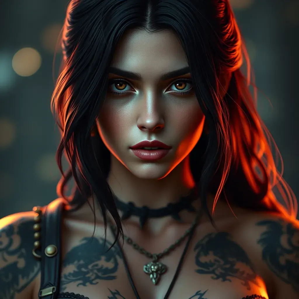 Matte portrait of Yennefer with tattoos, 8k, Highly Detailed, Alluring, Artstation, Bokeh effect, Sharp Focus, Volumetric Lighting, Concept Art by Stanley Artgerm Lau, Greg Rutkowski