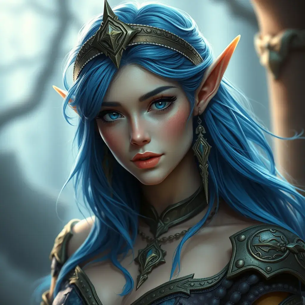 D&D concept art of gorgeous elven woman with blue hair in the style of Stefan Kostic, 8k, High Definition, Highly Detailed, Intricate, Half Body, Realistic, Sharp Focus, Fantasy, Elegant by Stanley Artgerm Lau, Luis Ricardo Falero