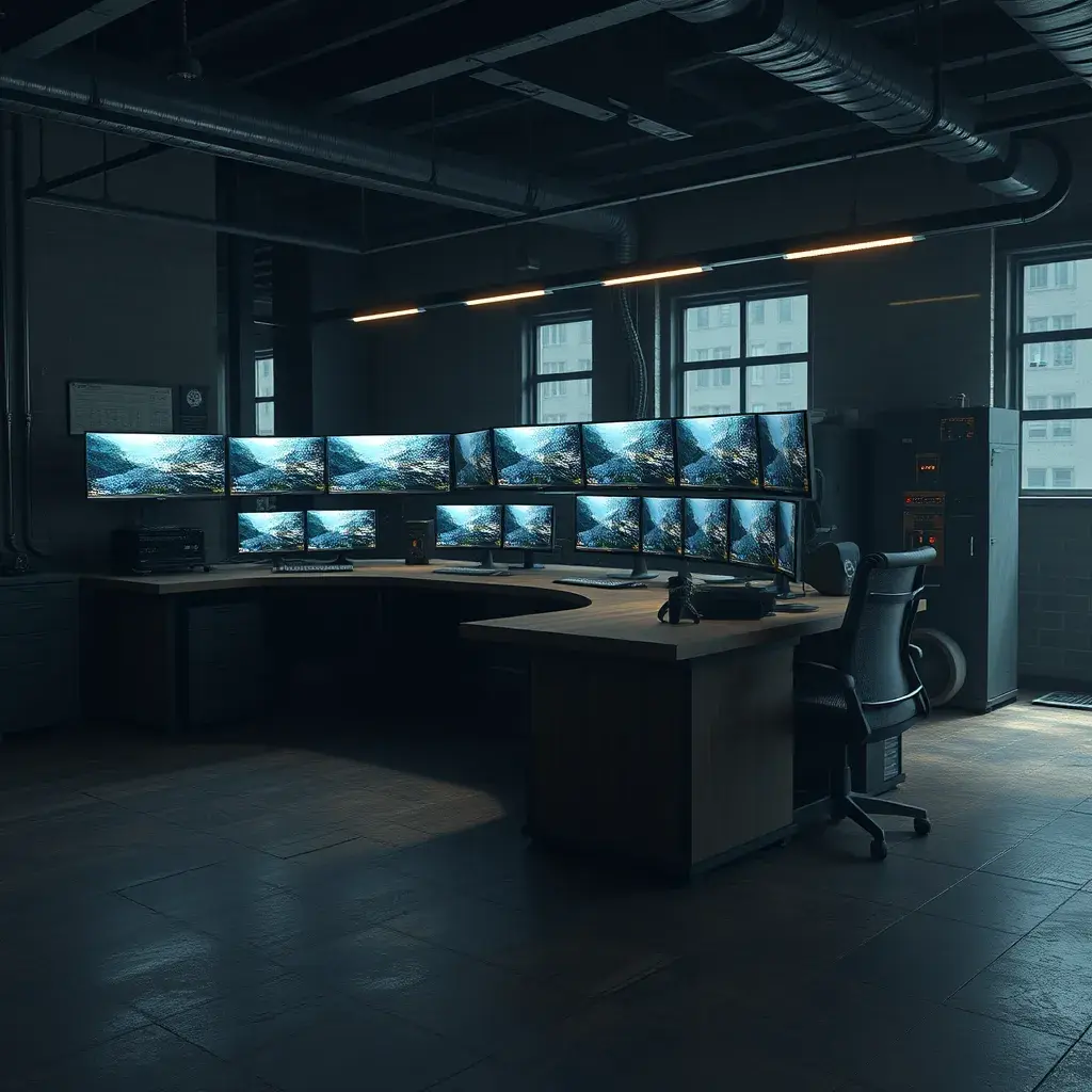 A dark industrial wood desk with many monitors, Photo Realistic, Volumetric light effect, Octane Render, Unreal Engine, Ambient Occlusion, Maximalism, Industrial