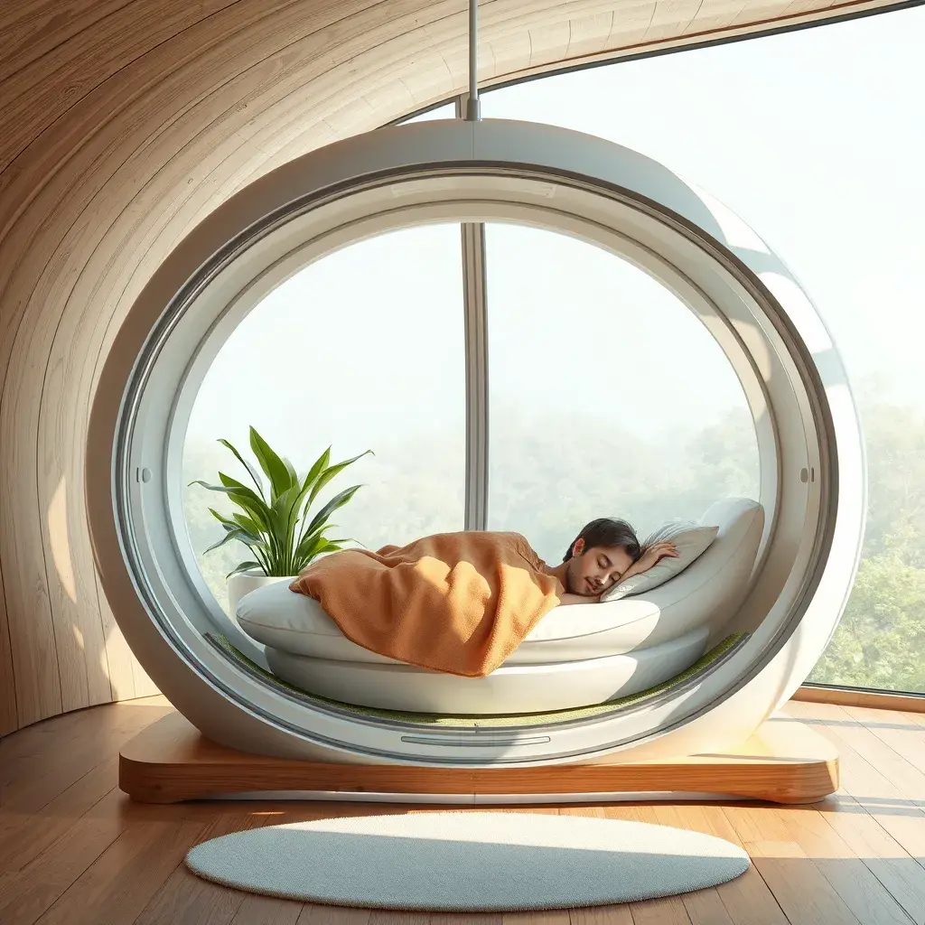 Futuristic sleeping relax pod, transparent orb, plants, natural daytime lighting, natural wooden environment, flat design, product-view, 8k, Futuristic, Sci-Fi, Natural Light