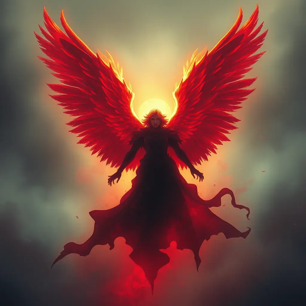 Silhouette of an Angel emerging from the fog of war, Highly Detailed, Vibrant Colors, Fantasy, Dark