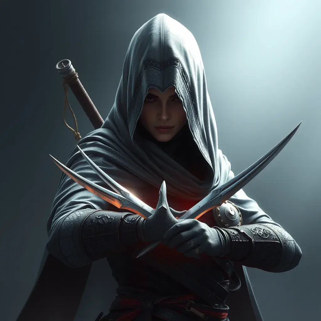 Veiled female Assassin with daggers, 8k, Highly Detailed, Artstation, Illustration, Sharp Focus, Unreal Engine, Volumetric Lighting, Concept Art